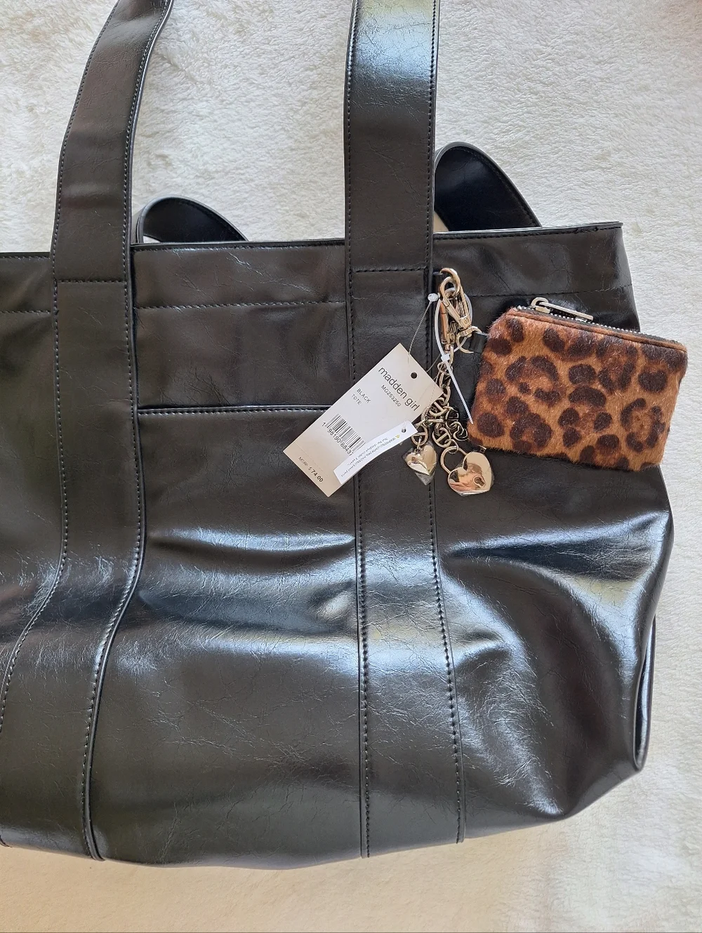 NWT Madden Girl Black Crinkle Tote Set + Leopard Pouch & Heart Charms